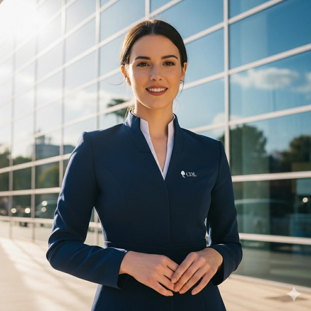 Azafata profesional de congresos y ferias sonriendo en la entrada de un centro de convenciones en Valencia