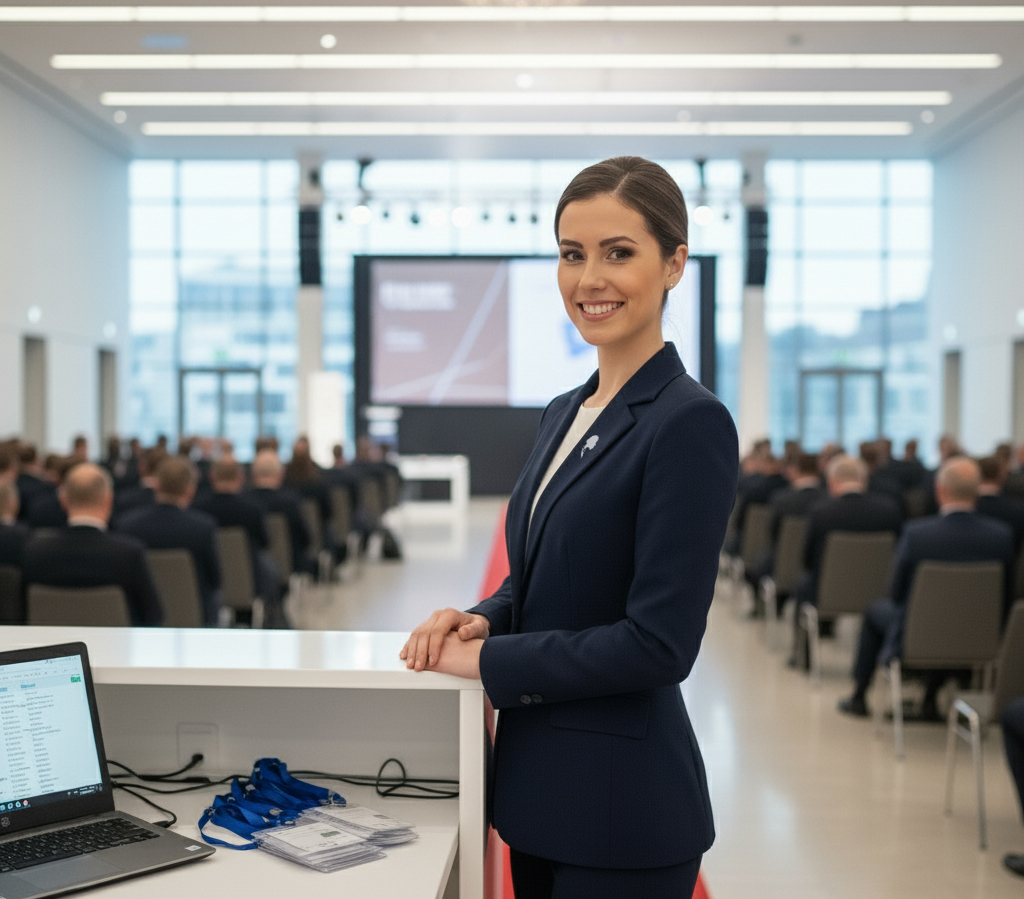 Azafata profesional de una de las empresas de azafatas de protocolo en Valencia atendiendo a asistentes en un evento.