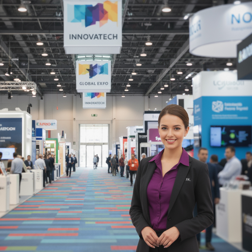 Agencia de azafatas y azafatos de imagen en Valencia para ferias, congresos, desfiles y eventos Azafata profesional de imagen sonriendo en una feria realizada en un palacio de congresos o recinto ferial