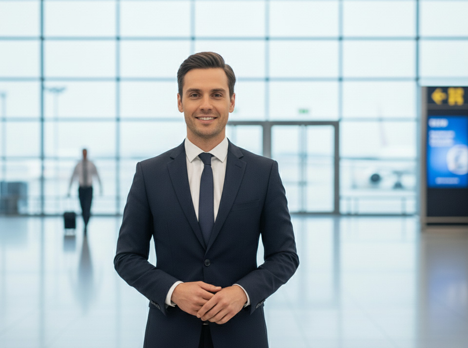 Azafato guía acompañamiento especializado en protocolo para recepción VIP en aeropuerto. Azafato guía de acompañamiento elegante con traje oscuro, esperando sonriente en terminal de llegadas de aeropuerto para recogida VIP de personalidades en Valencia.