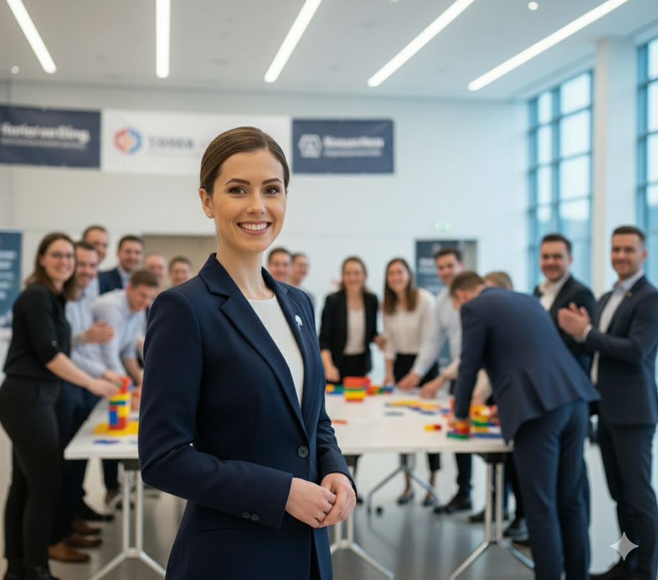 Azafata guía de acompañamiento para eventos corporativos y team building. Azafata de acompañamiento en primer plano con fondo de actividad de team building en una empresa.