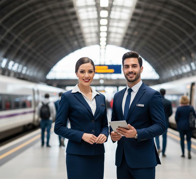 Azafatos transfer profesionales sonrientes en una estación de tren, simbolizando el servicio de bienvenida y acompañamiento en estaciones de AVE como Valencia Joaquín Sorolla o Estació del Nord en Valencia.